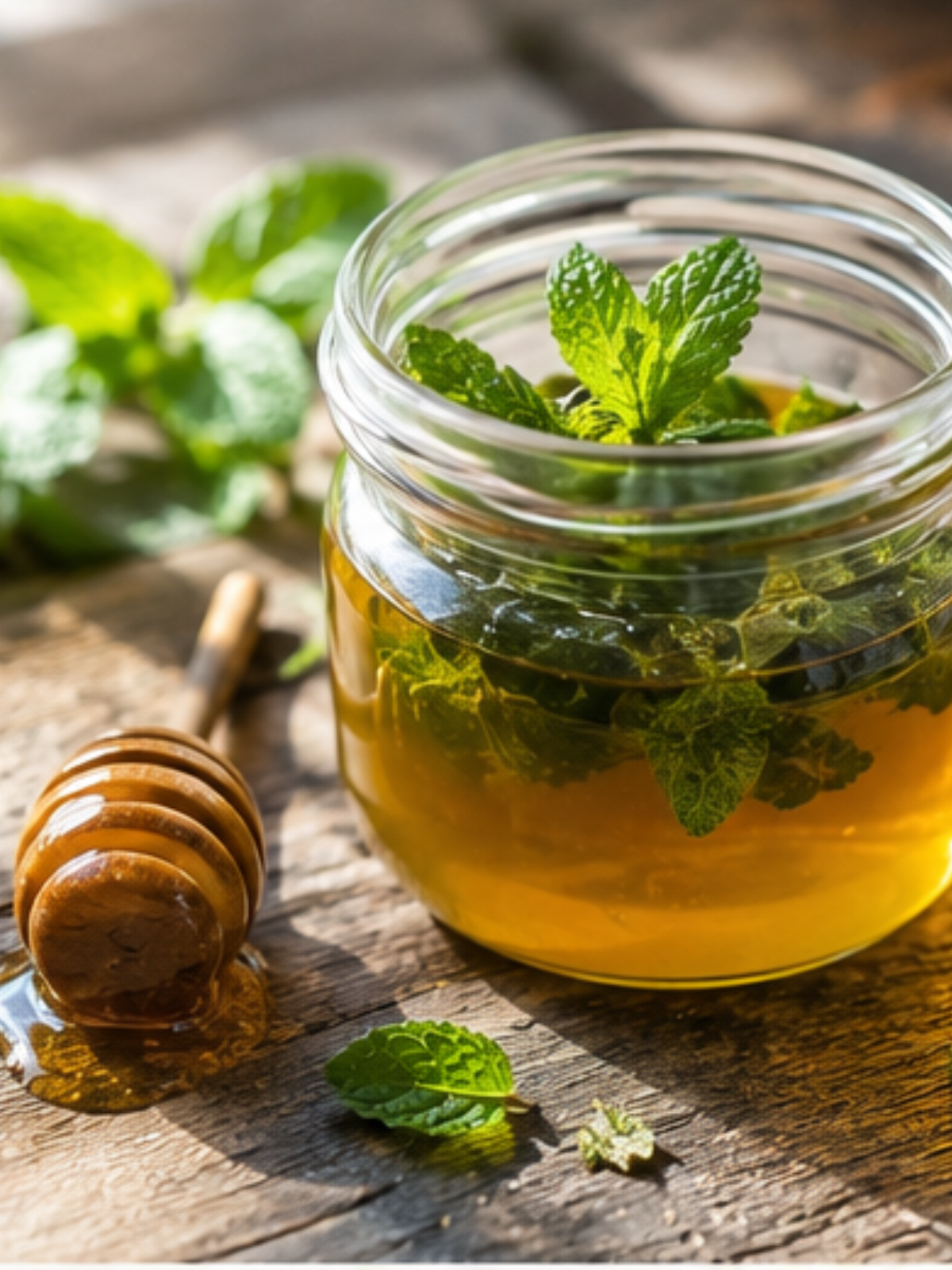 Glas mit aromatisiertem Minzhonig und frischen Minzblättern im warmen Morgenlicht.