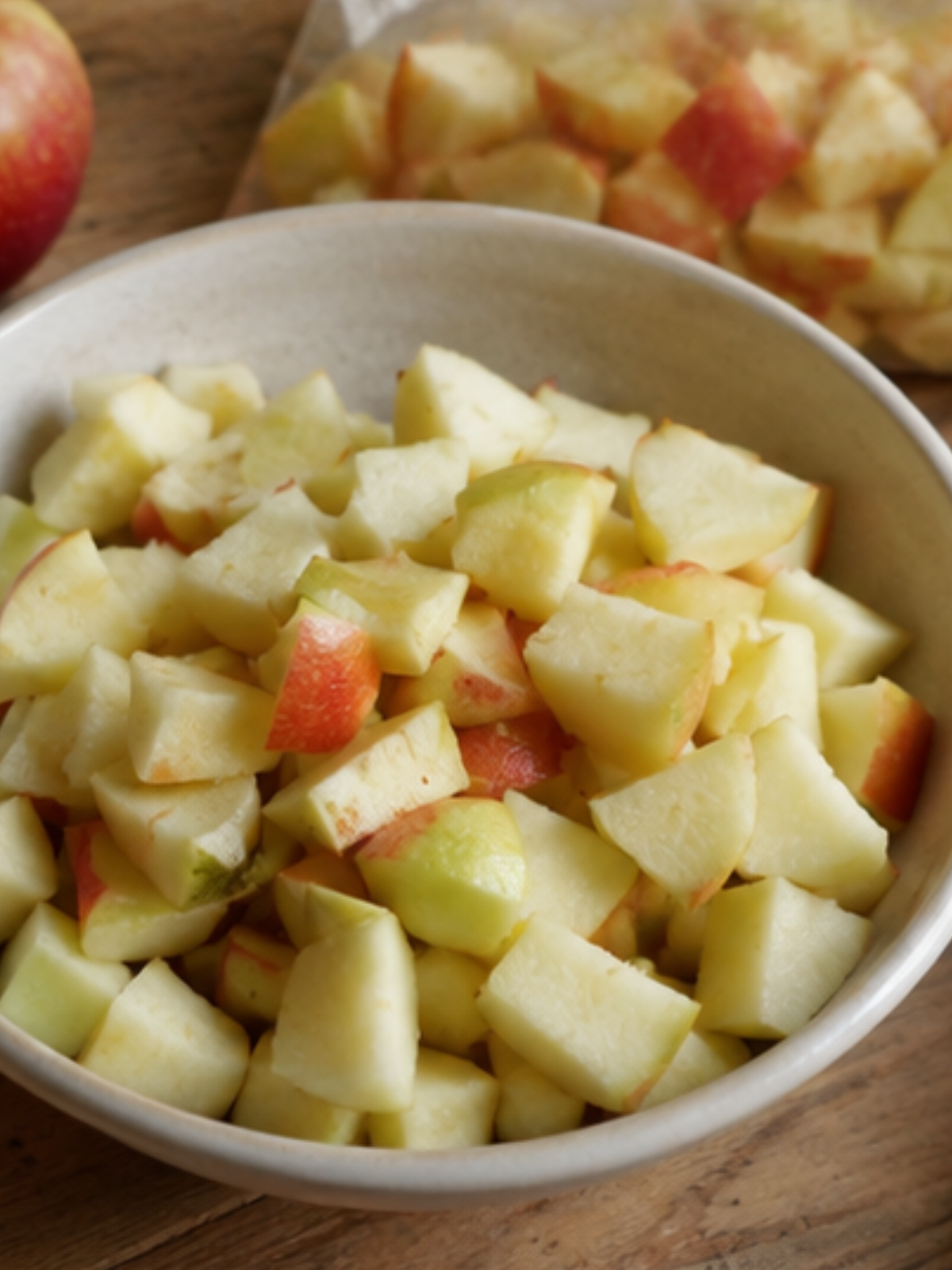 Gewürfelte Äpfel in einer Schüssel und portionsweise vorbereitet zum Einfrieren. Praktischer Vorrat für Kuchen, Desserts und Herbstrezepte.