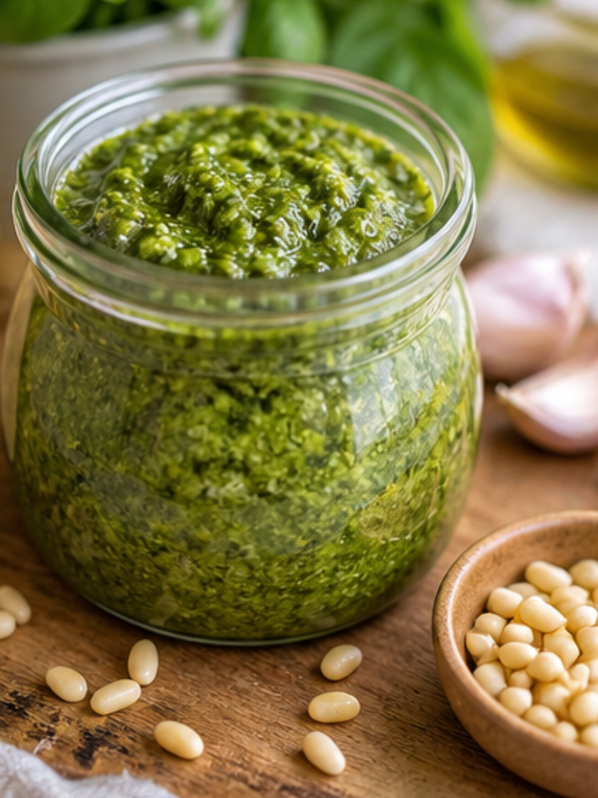 Selbstgemachtes Basilikum-Pesto im Glas mit frischen Basilikumblättern, Pinienkernen, Parmesan und Olivenöl auf Holzuntergrund.