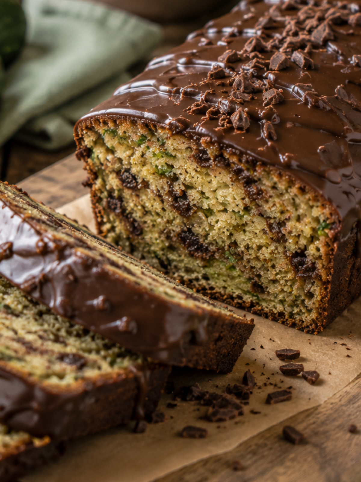 Saftiger Zucchinikuchen auf einem Holzbrett, angeschnitten und mit Schokoladenglasur überzogen – eine einfache Möglichkeit, frische Zucchini zu verarbeiten.