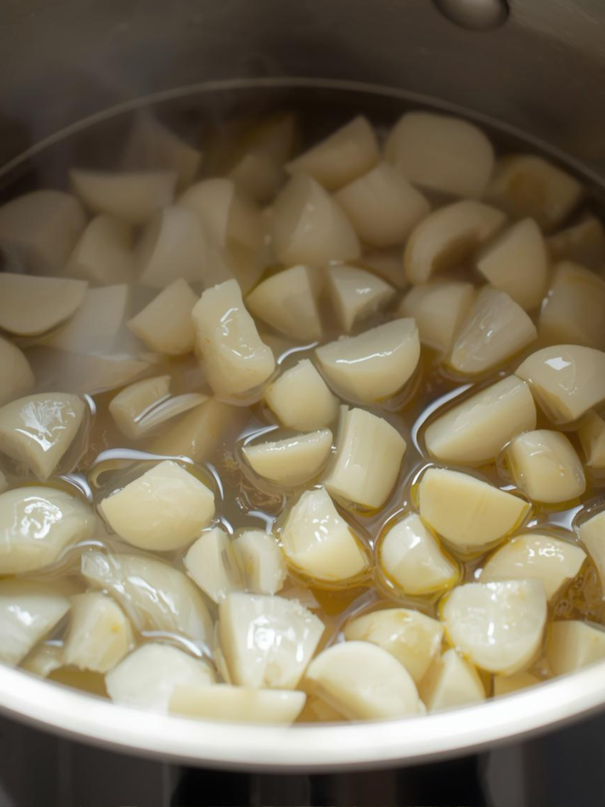 Kochtopf mit geschnittenem Knoblauch zur Herstellung von Knoblauchsud.