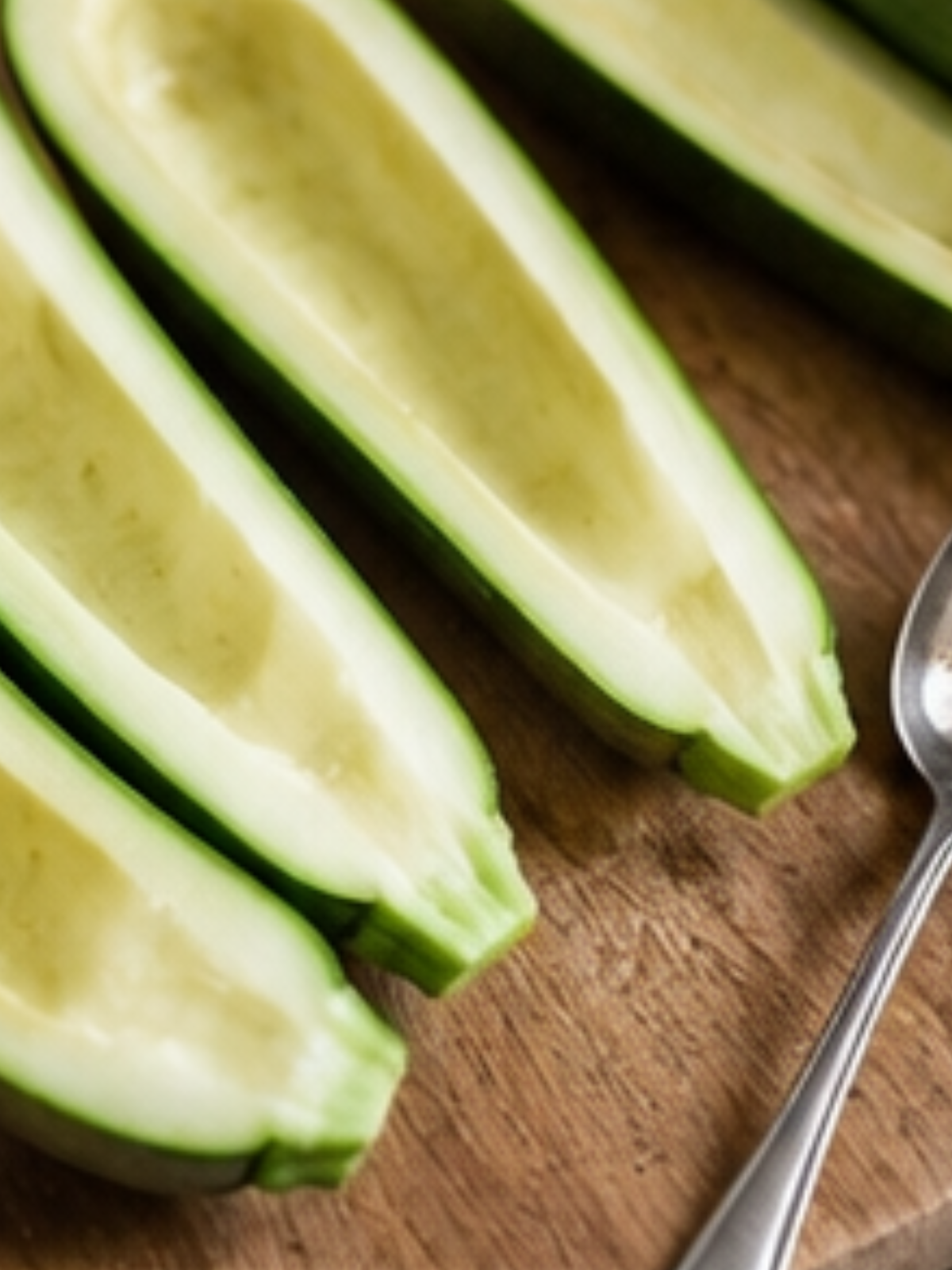 Halbierte und von Hand ausgehöhlte Zucchini auf einem Holzbrett – vorbereitet zum Füllen oder Einfrieren.