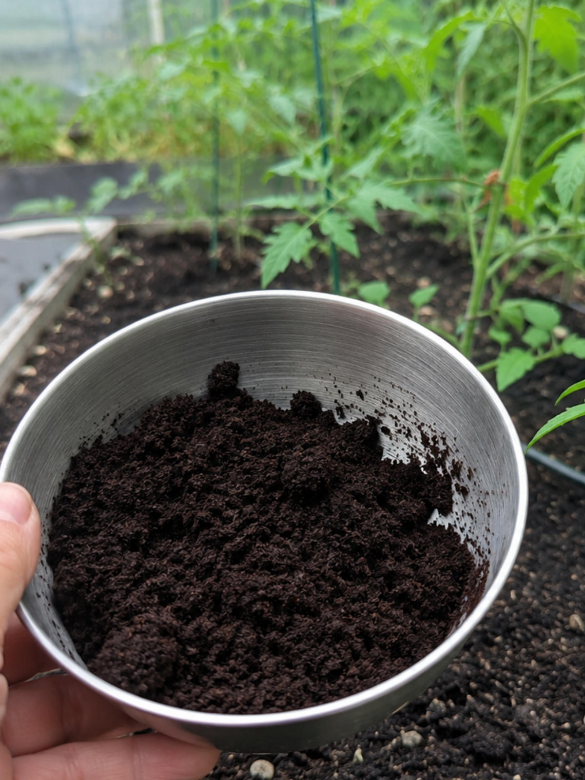 Kaffeesatz in einer kleinen Schale zwischen Tomatenpflanzen im Garten – natürlicher Dünger im Hochbeet mit weichem Morgenlicht.