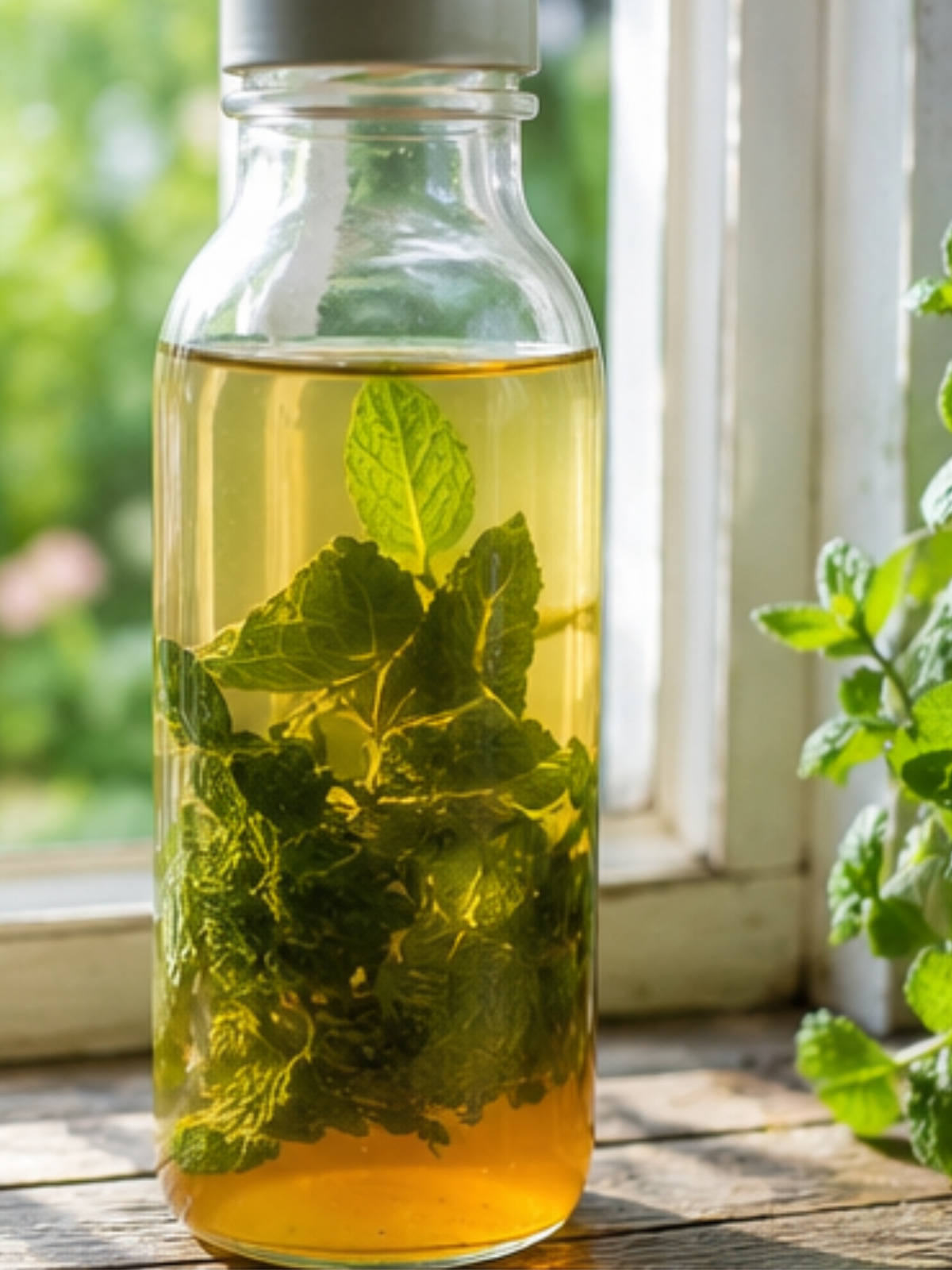 Flasche mit selbstgemachtem Minzessig am Fenster mit frischer Minze und natürlichem Licht.