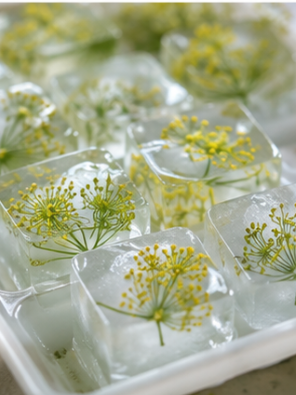 Eiswürfelform mit eingefrorenen Dillblüten auf hellem Stoff. Die transparenten Eiswürfel wirken sommerlich und natürlich dekoriert.
