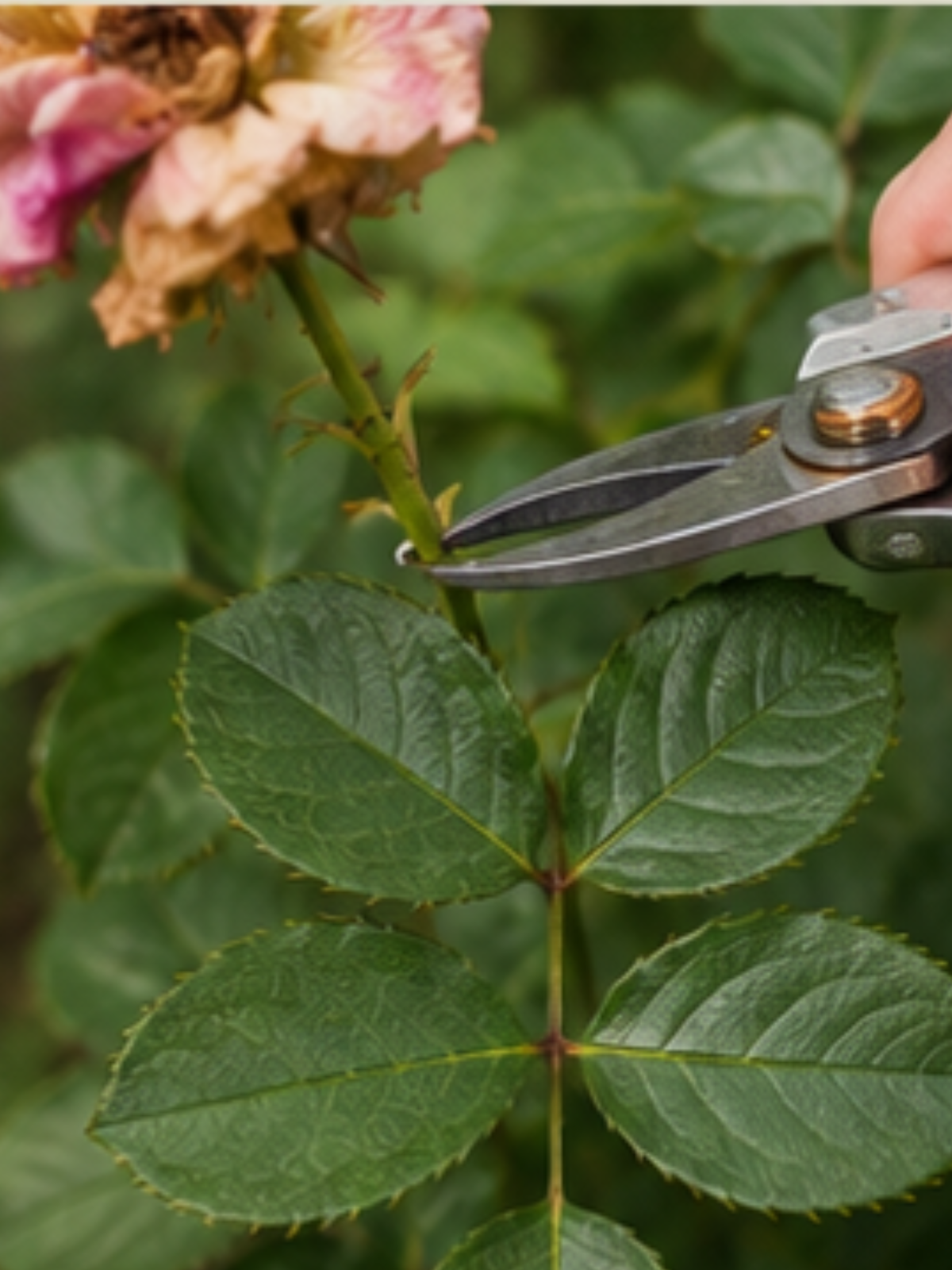 Nahaufnahme einer Rose beim Sommerschnitt: Eine Gartenschere schneidet oberhalb eines kräftigen 5-blättrigen Rosenblatts im natürlichen Gartenlicht. Das Bild zeigt den richtigen Schnittpunkt für neue Blüten und gesunde Rosentriebe.