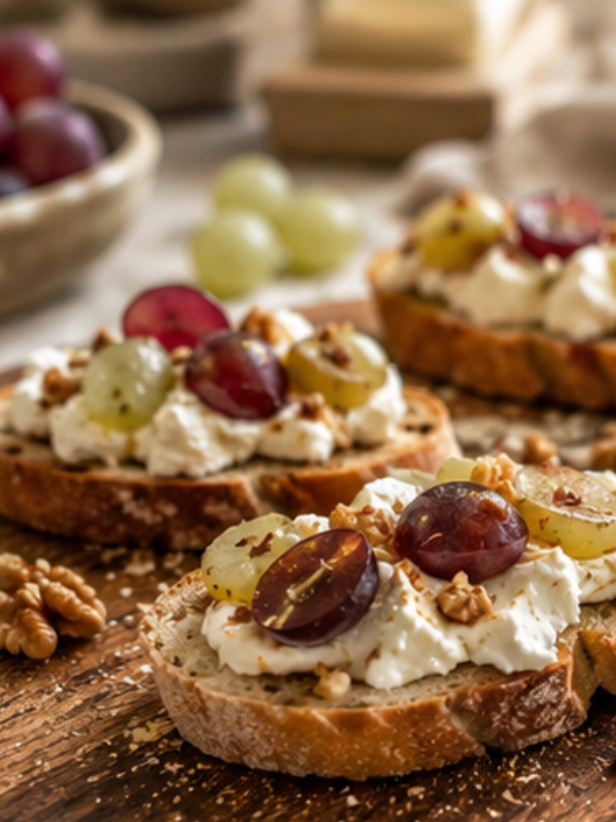 Knusprige Crostini mit Frischkäse, Trauben und Walnüssen auf einem rustikalen Holzbrett.