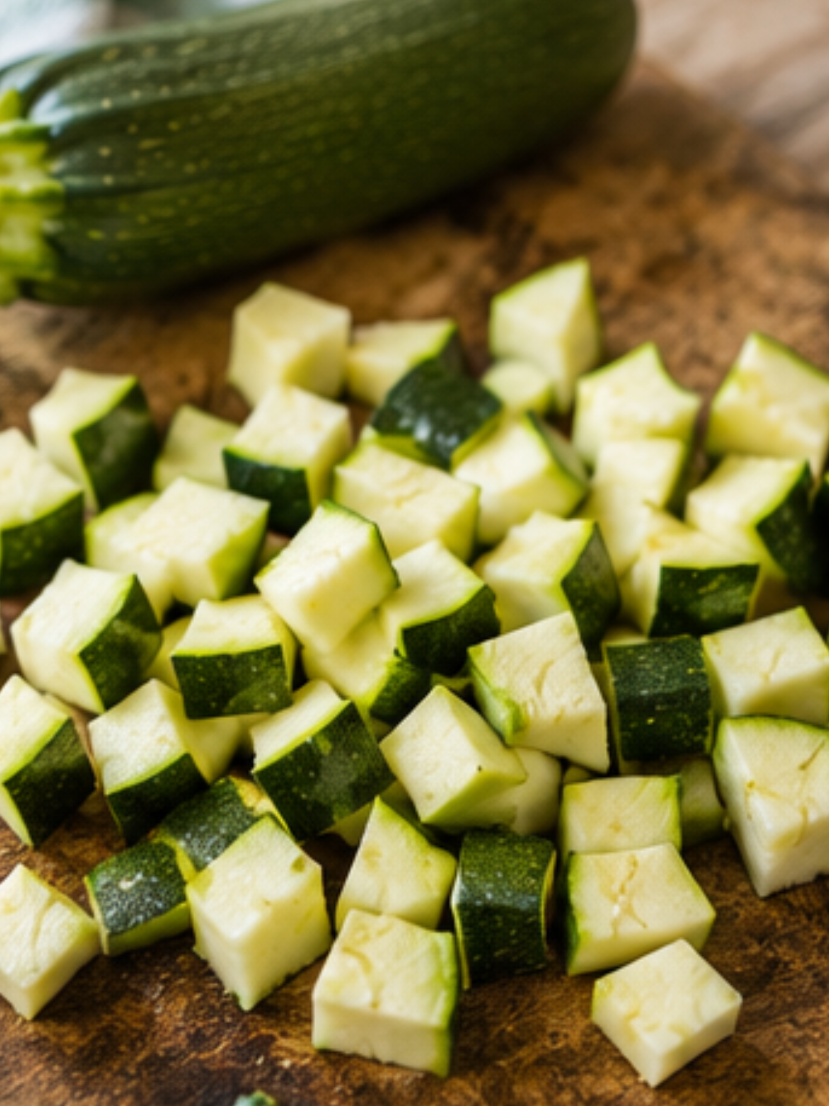 Von Hand in kleine Würfel geschnittene Zucchini auf einem Holzbrett – vorbereitet zum Einfrieren oder Kochen.