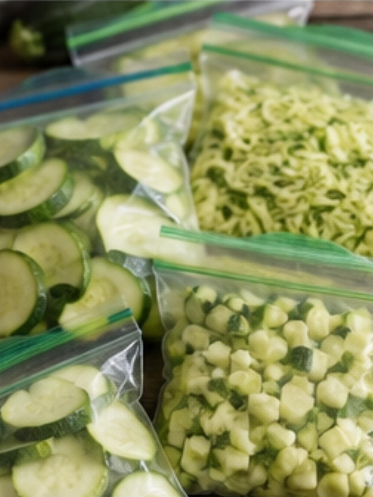 Portionsweise eingefrorene Zucchini in Gefrierbeuteln – als Scheiben, Würfel und geraspelte Zucchini vorbereitet.