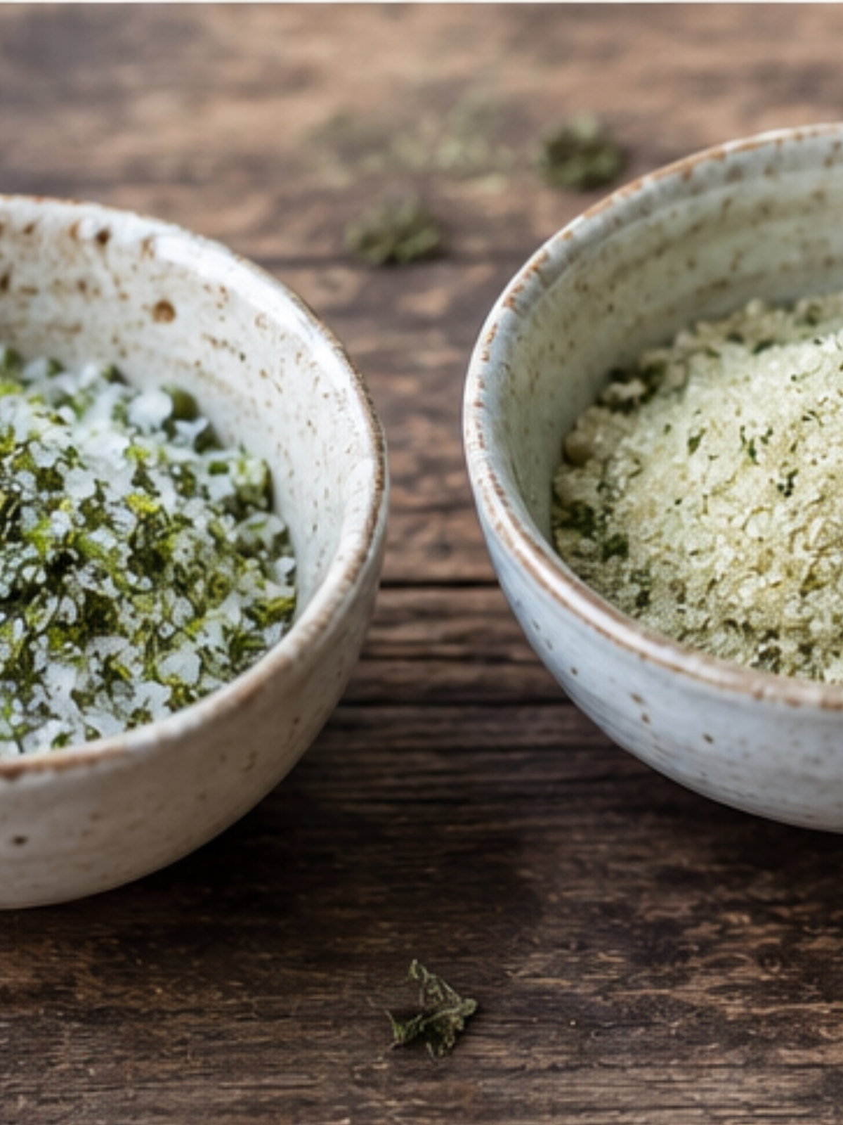 Selbstgemachtes Minzsalz in einer Keramikschale mit grobem Salz und frischer Minze und feiner Minzzucker in einer kleinen Schale auf rustikalem Holztisch mit Minzblättern.