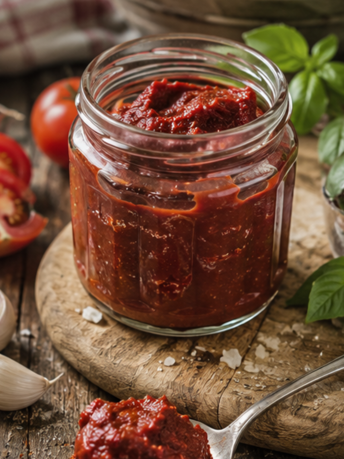 Selbstgemachtes Tomatenmark im Glas aus reifen Tomaten
