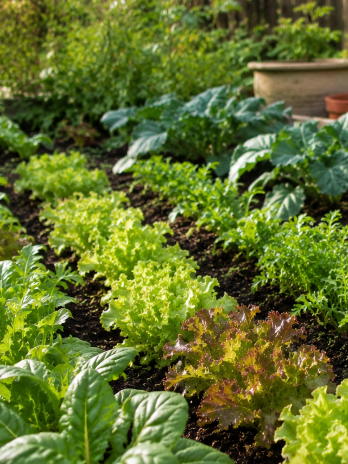 Natürliches Gemüsebeet im August mit jungen Salaten, Spinat, Rucola, Mangold und weiterem Blattgemüse. Warmes Sonnenlicht im sommerlichen Gemüsegarten, in dem jetzt noch viele Gemüsearten für die Herbsternte ausgesät werden können.