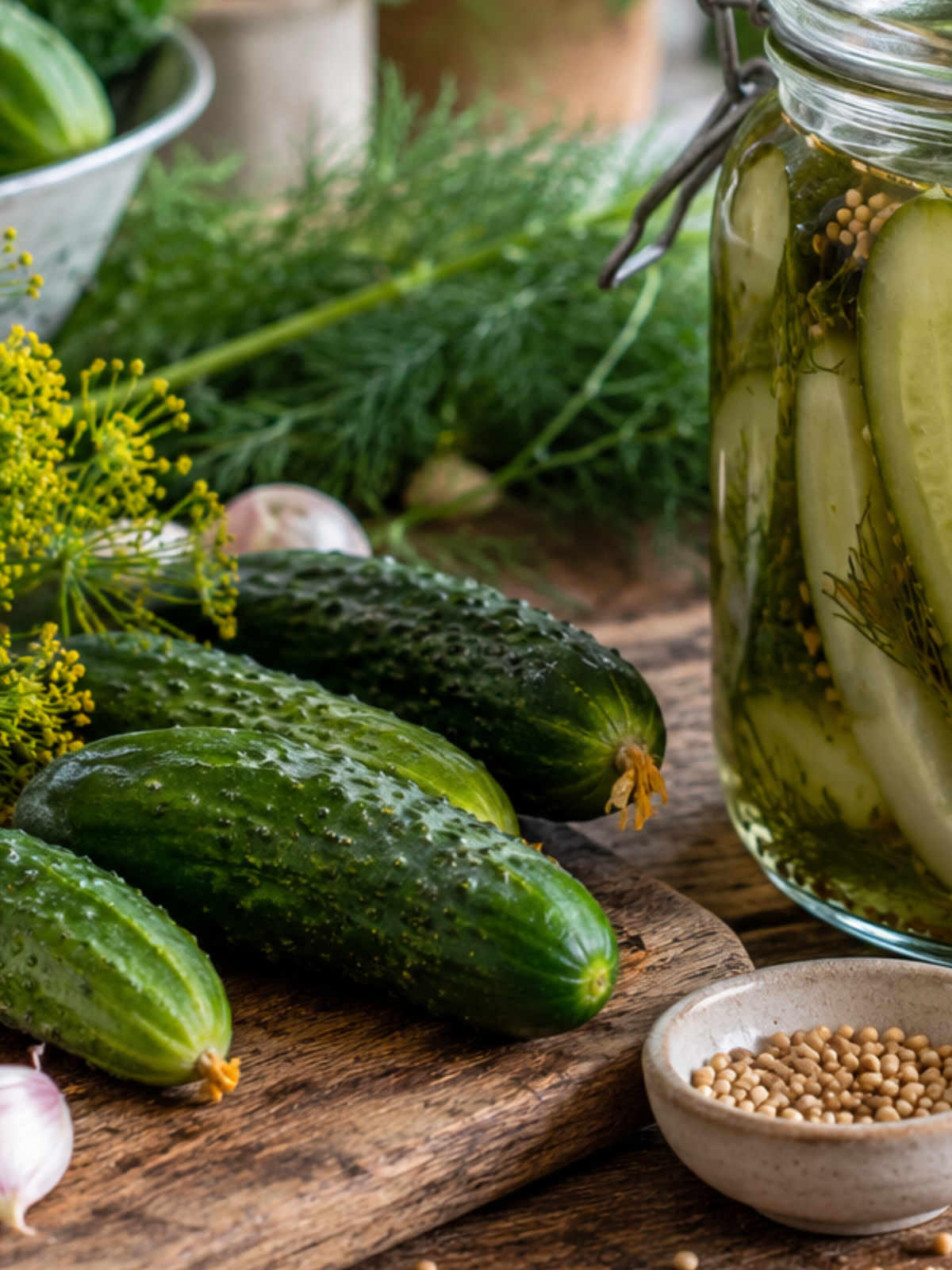 Frische Gurken und Dill neben einem Glas mit in Essig eingelegten Gurken.