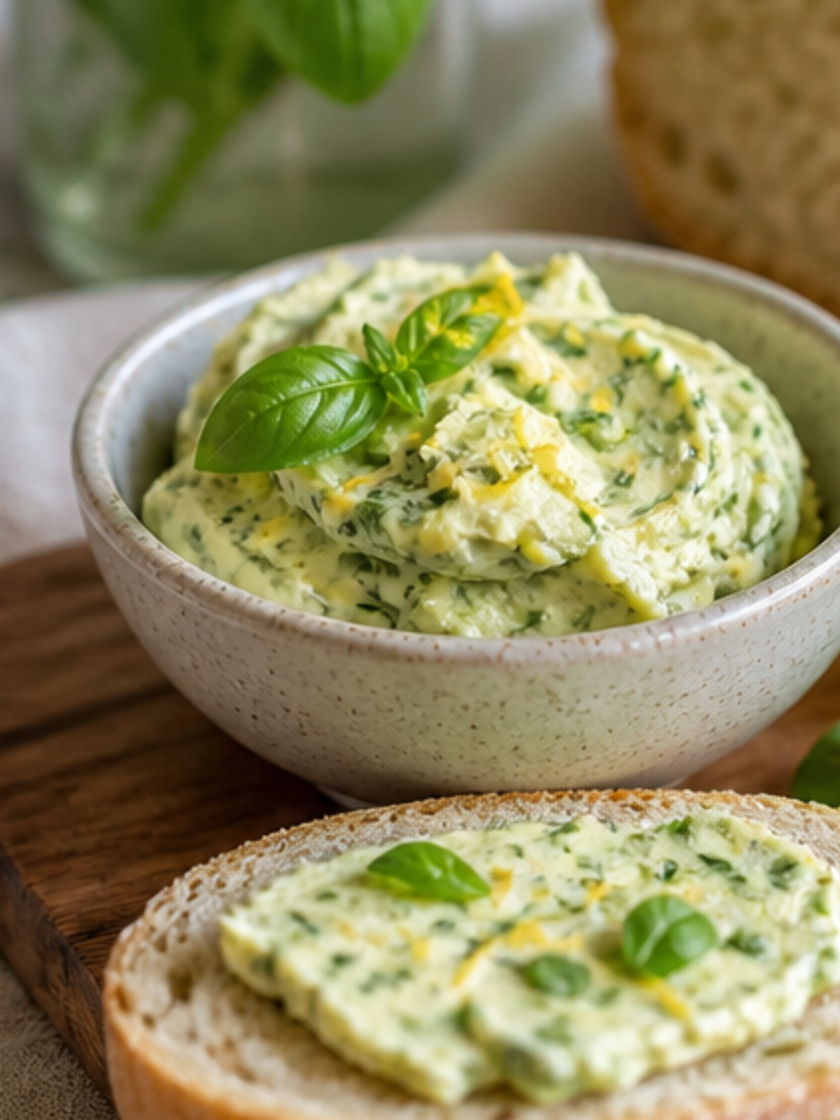 Basilikum-Butter mit Zitrone in einer Schale und auf Brot gestrichen, dekoriert mit frischen Basilikumblättern.