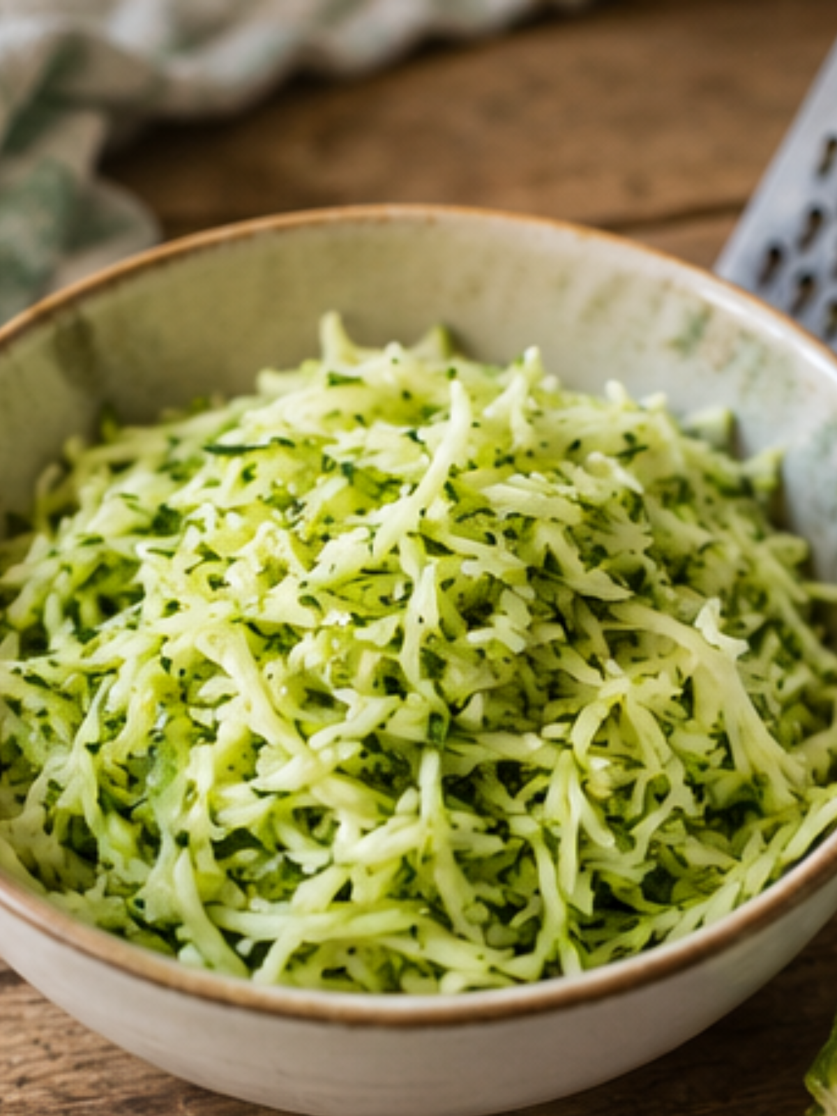 Frisch geraspelte Zucchini in einer Keramikschüssel – ideal für Brot, Puffer oder Kuchen.