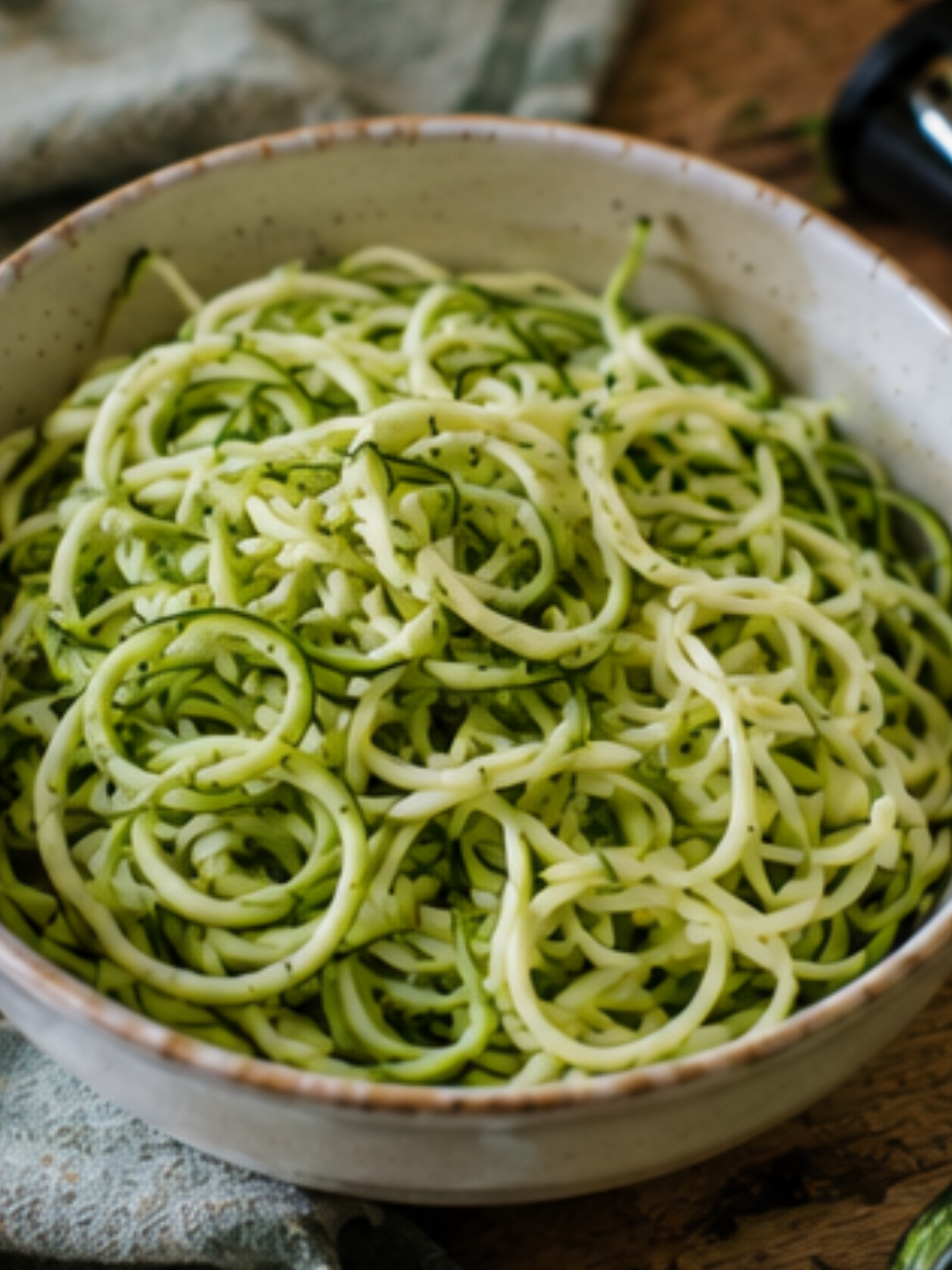 Frisch geschnittene Zucchini-Spaghetti in einer Keramikschüssel als leichte Alternative zu Pasta.