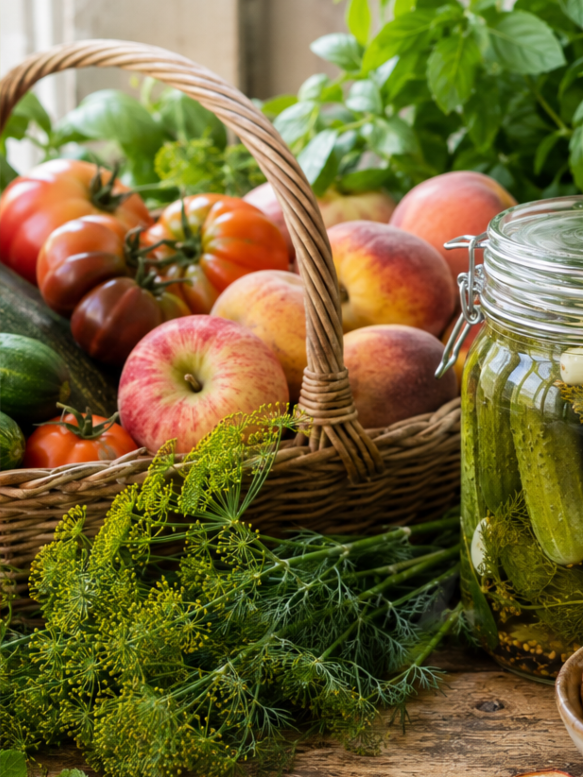 Korb mit frisch geernteten Tomaten, Äpfeln, Pfirsichen und Gurken neben einem Glas eingelegter Gurken und frischem Dill.