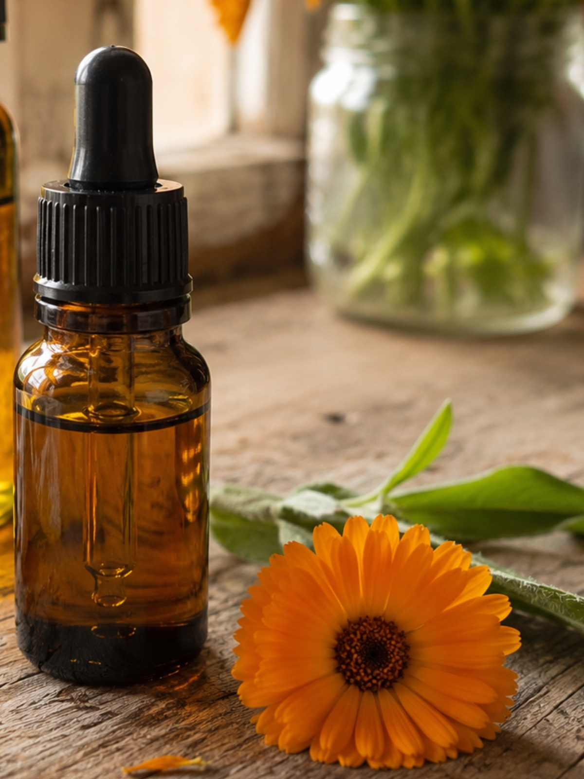 Goldgelbes Ringelblumenöl aus getrockneten Blüten als natürlicher Ölauszug für Hautpflege und DIY-Kosmetik.