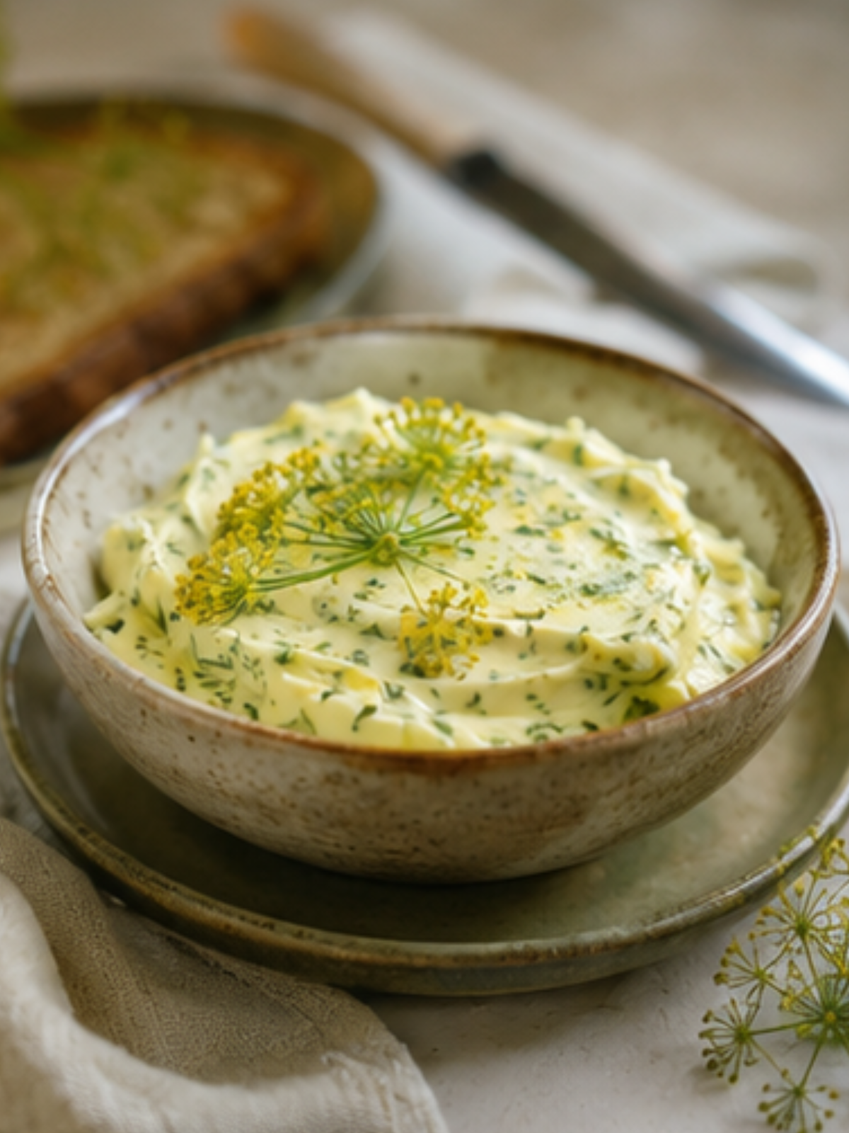 Schale mit cremiger Kräuterbutter und Dillblüten auf einem rustikalen Tisch. Daneben liegt frisches Brot im warmen sommerlichen Licht.