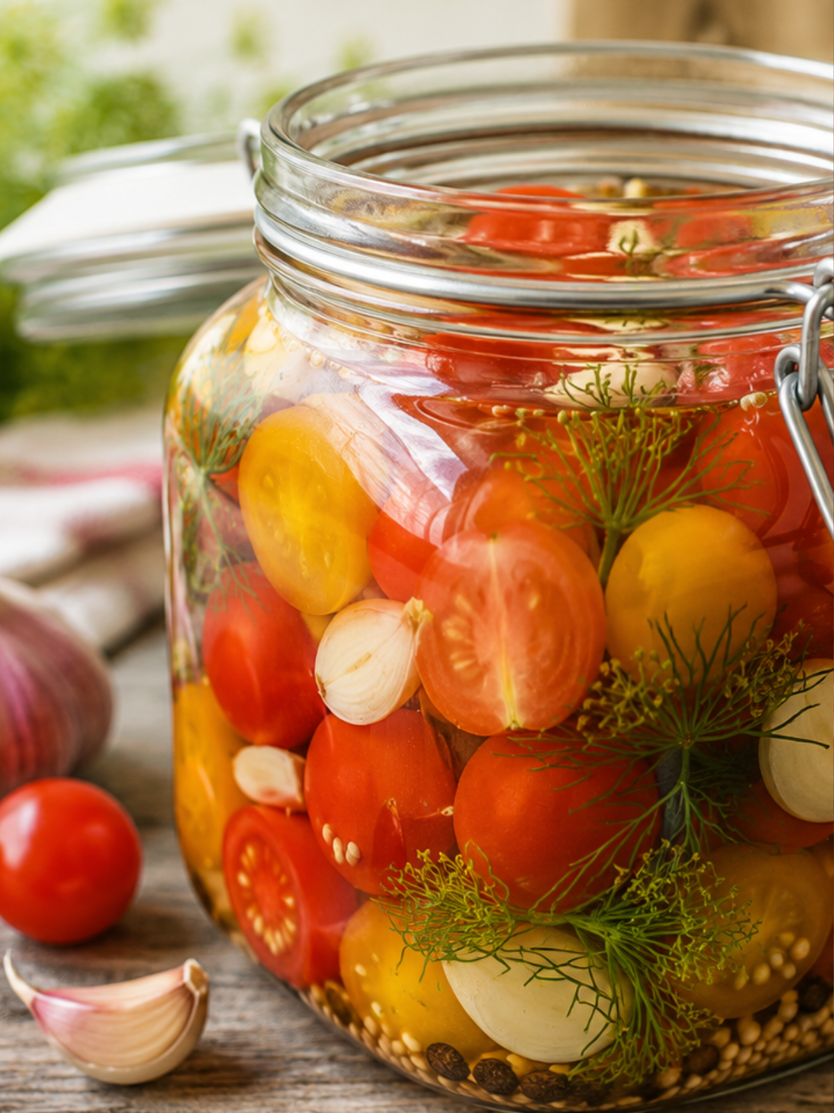 Fermentierte Tomaten mit Dill und Knoblauch in Salzlake im Glas