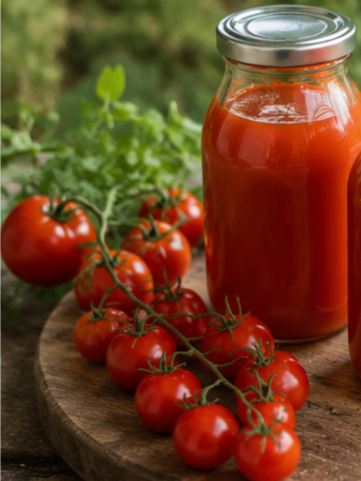 Selbstgemachter Tomatensaft im Glas mit frischen Tomaten