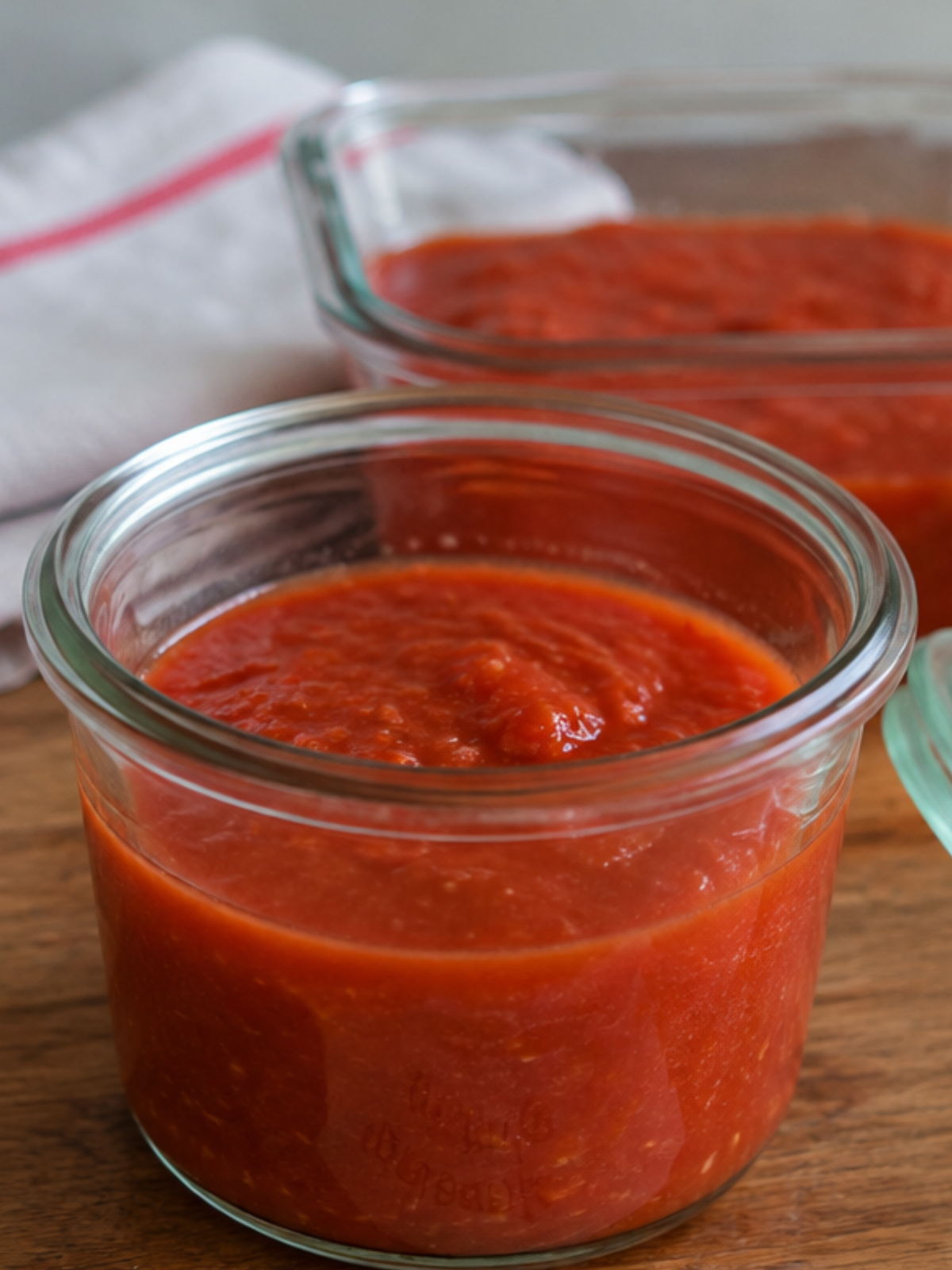 Selbstgemachte Tomatensoße aus frischen Tomaten im Topf und portionsweise im Glas zum Einfrieren.