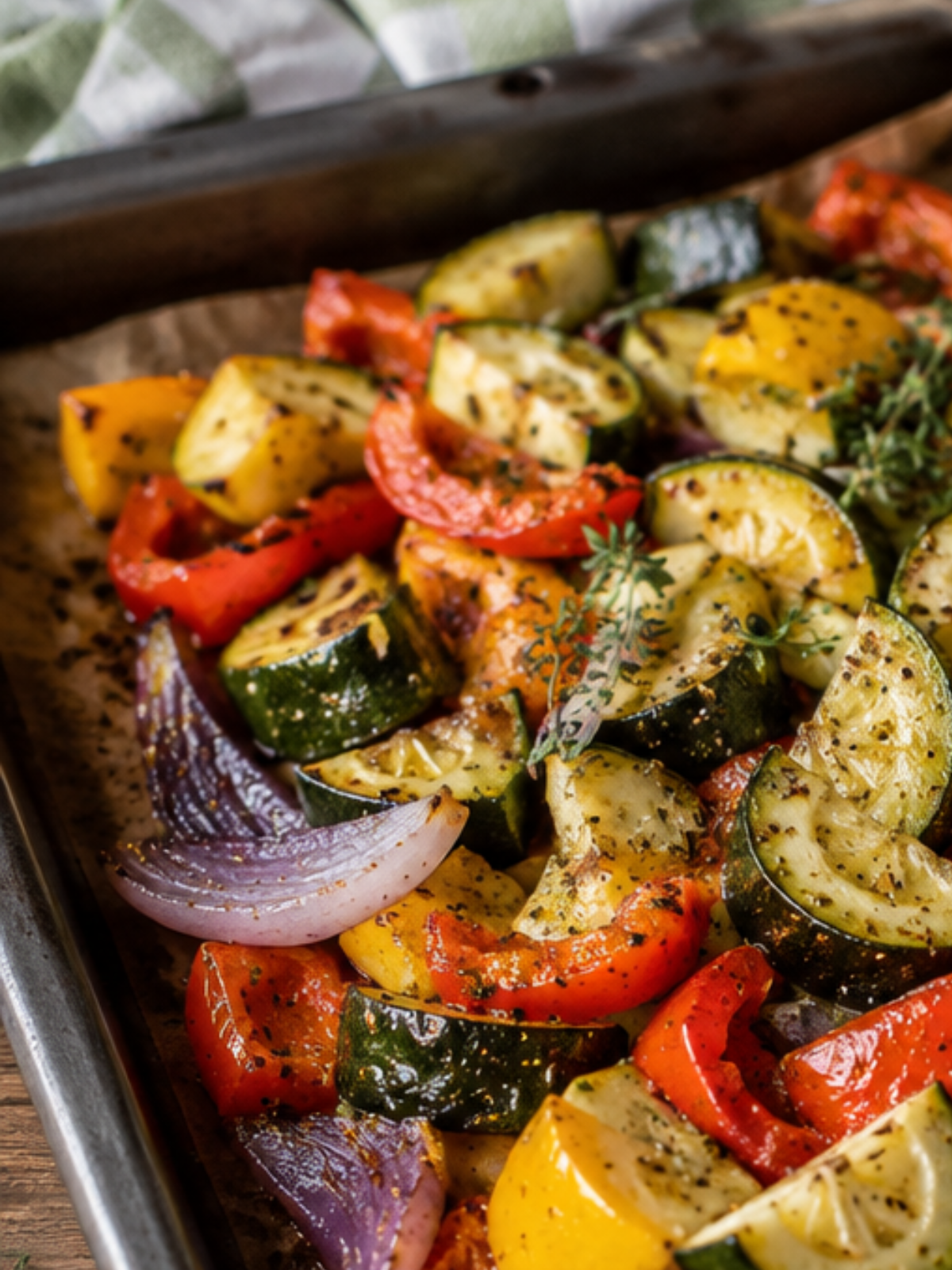 Knusprig geröstetes Ofengemüse mit Zucchini, Paprika und roten Zwiebeln auf einem Backblech, frisch aus dem Ofen und mit Kräutern verfeinert.