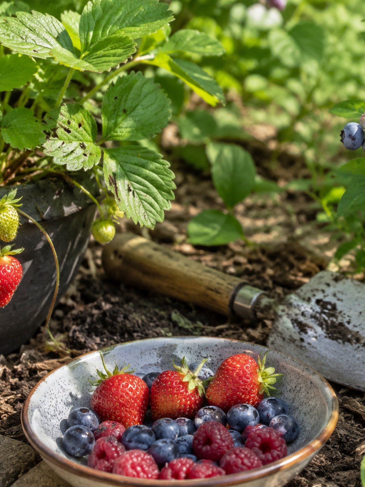 Natürliche Gartenszene mit Erdbeeren, Himbeeren und Heidelbeeren zwischen Mulch und Erde im Sonnenlicht. Neben einer kleinen Gartenschaufel stehen Schalen mit natürlichem Dünger und frisch geernteten Beeren. Das Bild zeigt sanfte, natürliche Gartenpflege für gesunde Beerenpflanzen und eine reiche Ernte.