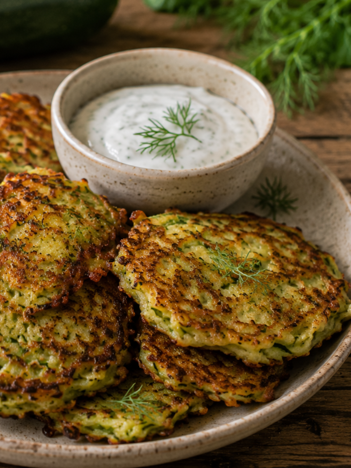 Goldbraun gebratene Zucchinipuffer auf einem Keramikteller mit cremigem Kräuterdip, frischen Kräutern und Zucchini im Hintergrund.