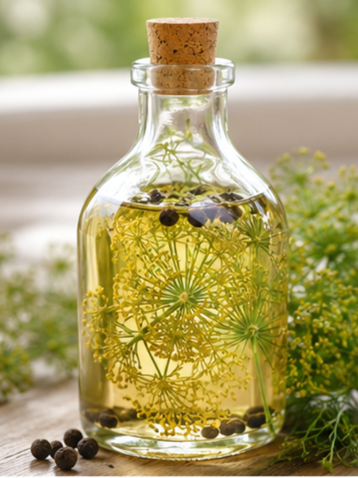 Glasflasche mit selbstgemachtem Dillblüten-Essig auf einem Holztisch. Im Essig schwimmen gelbe Dillblüten, Pfefferkörner und Kräuter im warmen natürlichen Licht.
