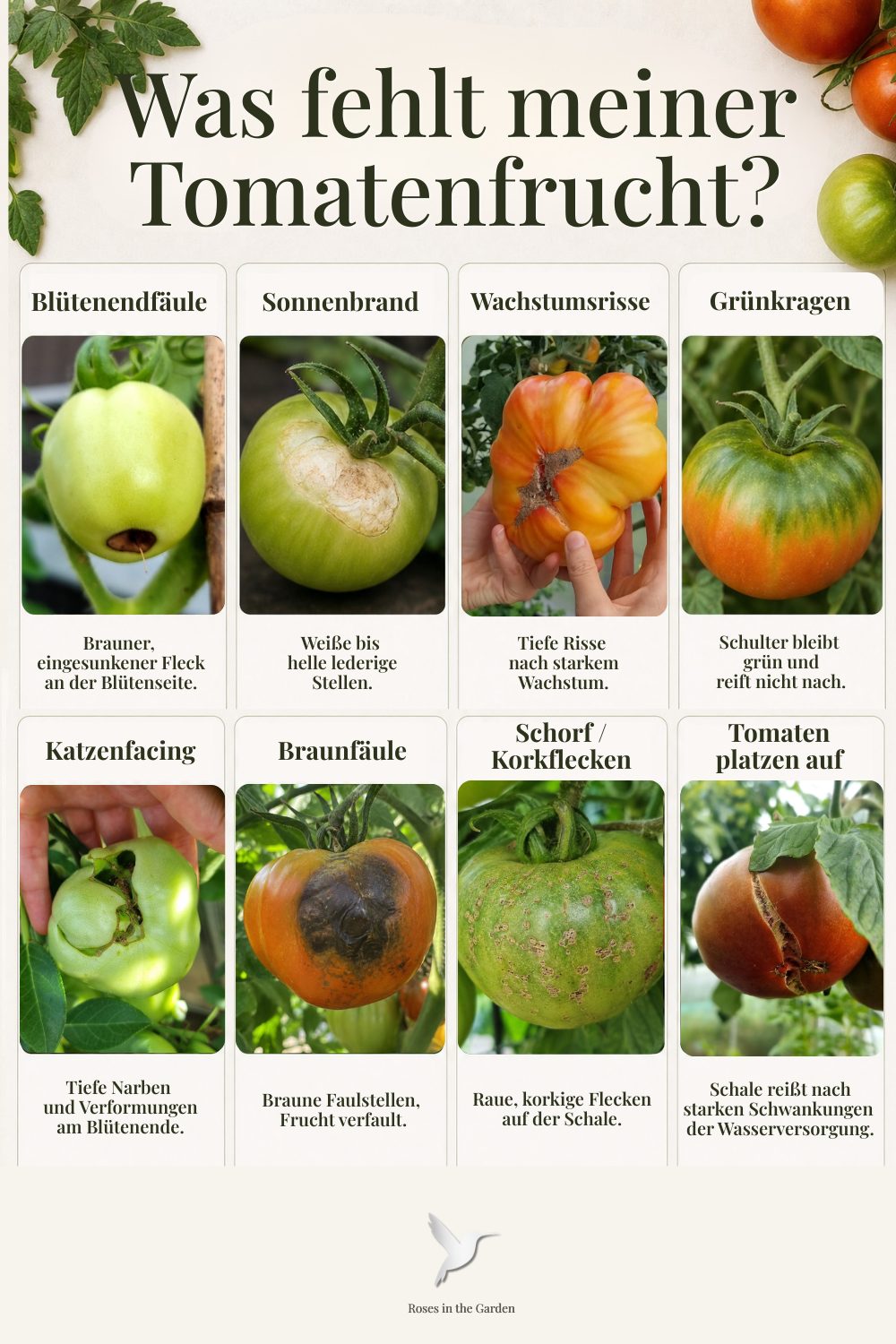Übersicht mit acht echten Fotos typischer Probleme an Tomatenfrüchten: Blütenendfäule, Sonnenbrand, Wachstumsrisse, Grünkragen, Katzenfacing, Braunfäule, Schorf beziehungsweise Korkflecken und platzende Tomaten.