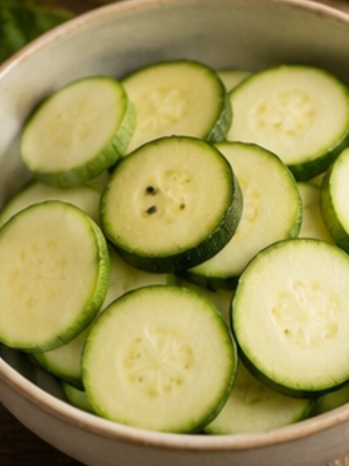 Frisch geschnittene Zucchinischeiben in einer Keramikschüssel als Vorbereitung zum Einfrieren oder Kochen.