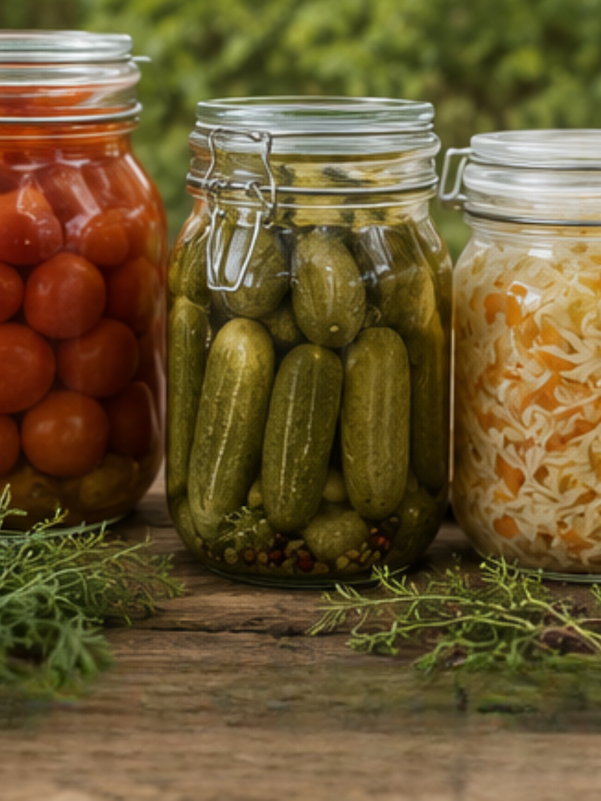 Gläser mit eingelegten und fermentierten Tomaten, Gurken und Gemüse.