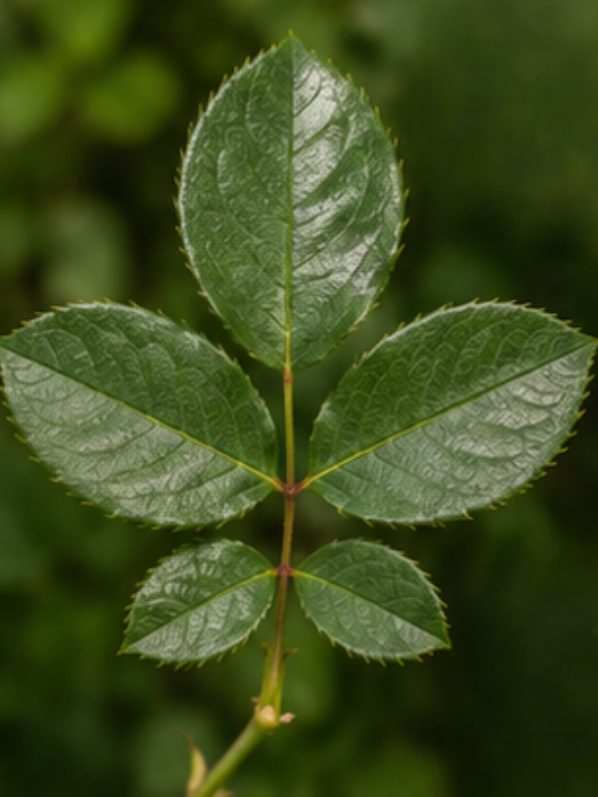 Nahaufnahme eines kräftigen 5-blättrigen Rosenblatts im natürlichen Gartenlicht. Das Blatt zeigt die typische Struktur eines gesunden Rosenblatts mit fünf einzelnen Blättchen und dient als Orientierung für den richtigen Rosenschnitt im Sommer.