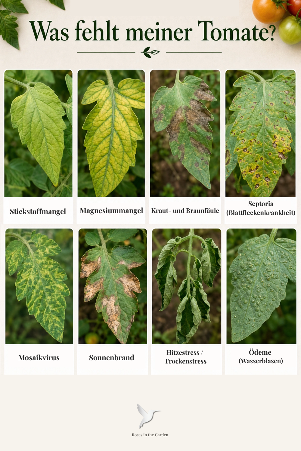 Übersicht typischer Tomatenblatt-Probleme mit echten Fotos: Stickstoffmangel, Magnesiummangel, Kraut- und Braunfäule, Septoria, Mosaikvirus, Sonnenbrand, Hitzestress und Ödeme an Tomatenpflanzen.