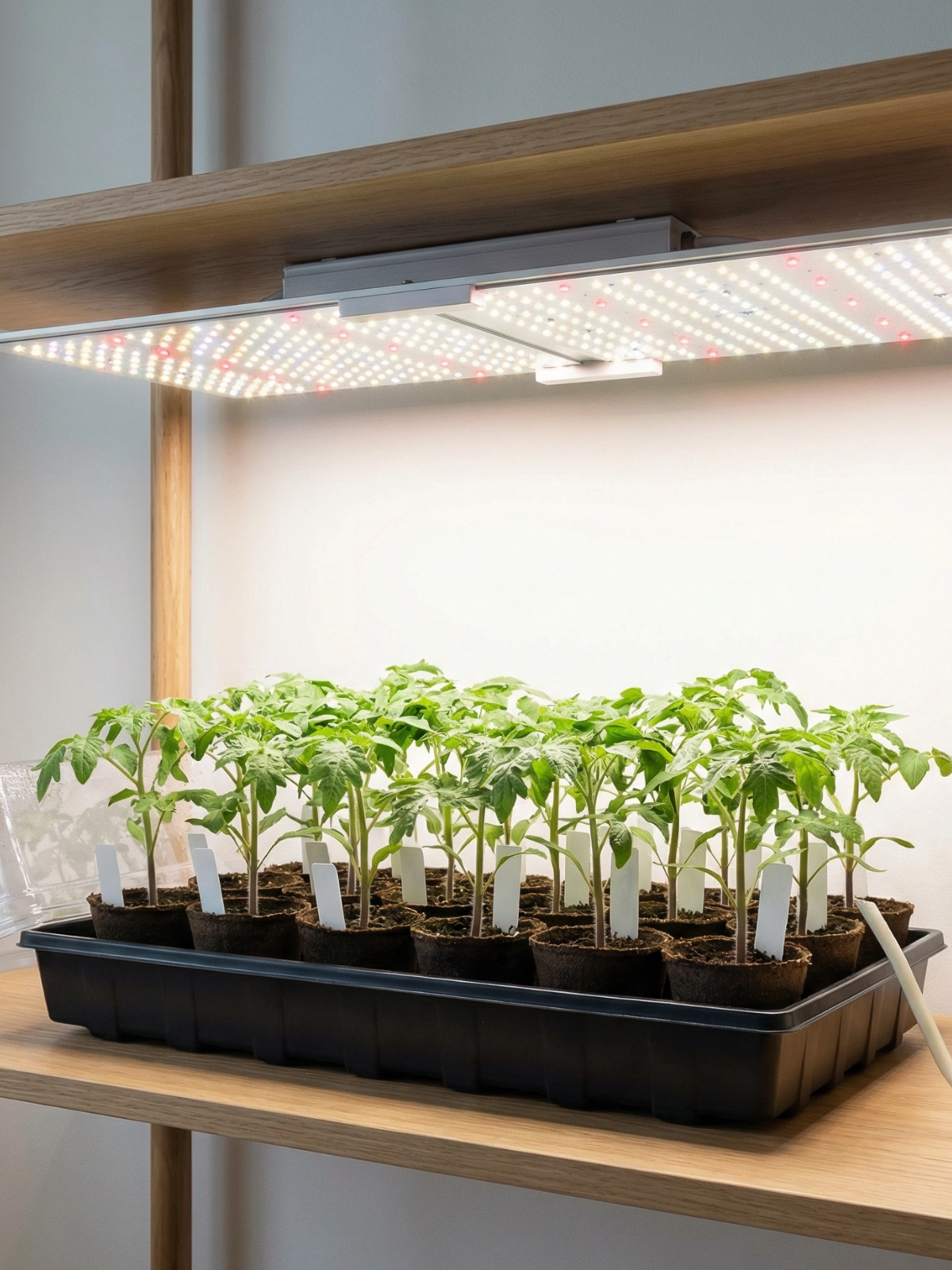 Tomatenpflanzen unter Pflanzenlampe – kräftige, kompakte Jungpflanzen mit ausreichend Licht