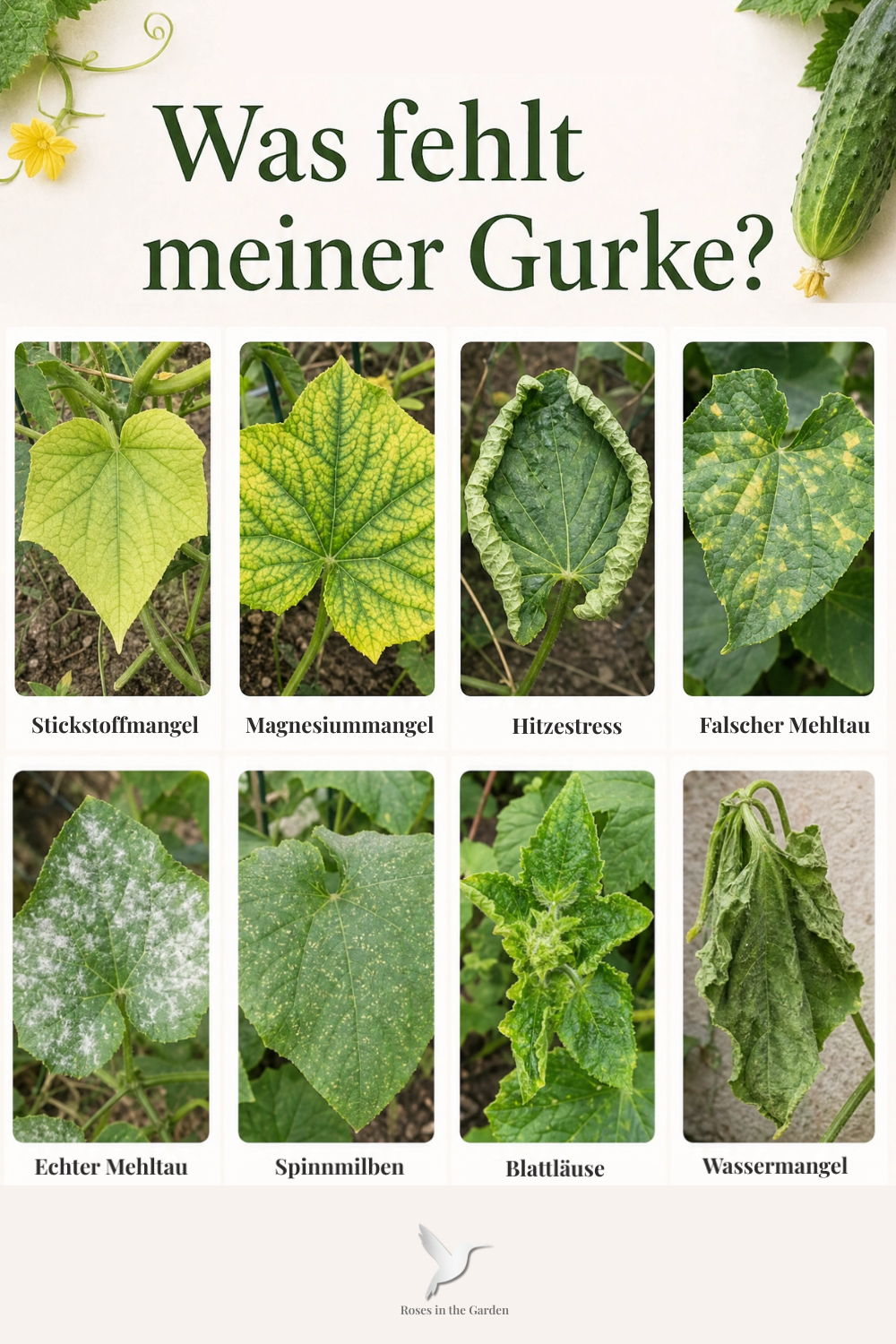 Übersicht mit echten Fotos typischer Veränderungen an Gurkenblättern: Stickstoffmangel, Magnesiummangel, Hitzestress, falscher Mehltau, echter Mehltau, Spinnmilben, Blattläuse und Wassermangel.