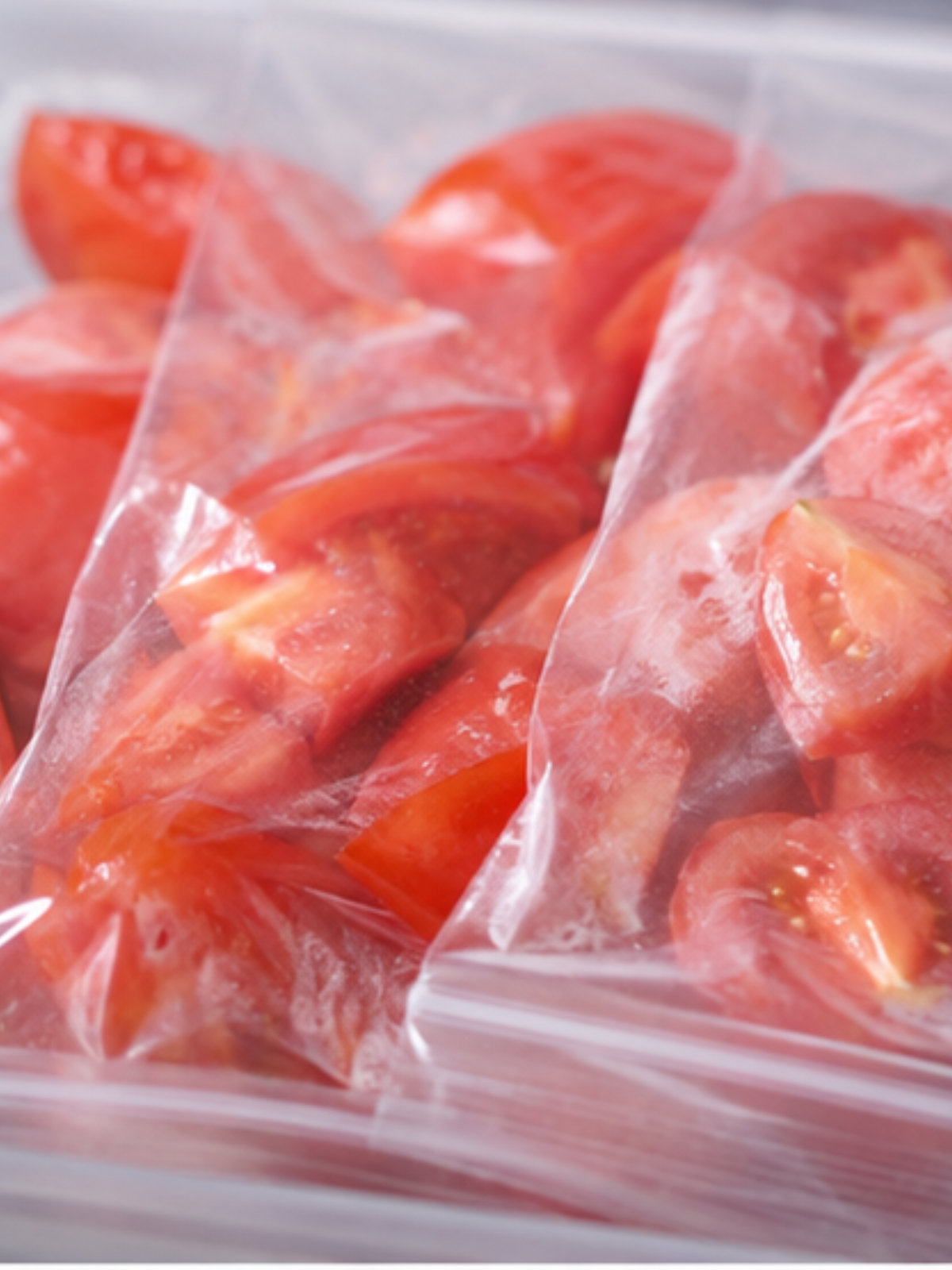 Frische Gartentomaten portionsweise vorbereitet zum Einfrieren.