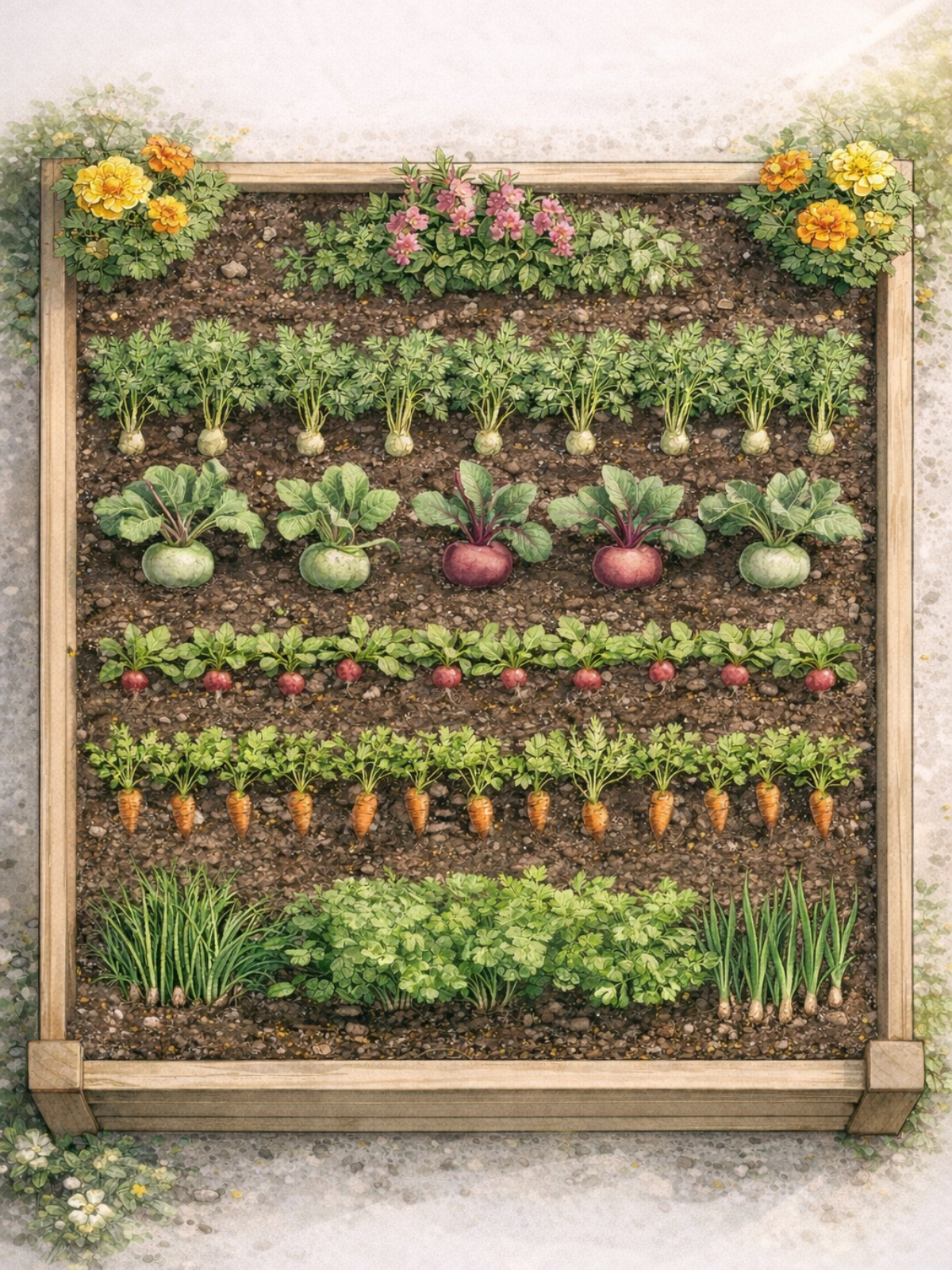 Hochbeet-Pflanzplan im März mit Pastinaken, Kohlrabi, Roter Beete, Möhren und Kräuterrand - Mischkultur im Hochbeet von oben.
