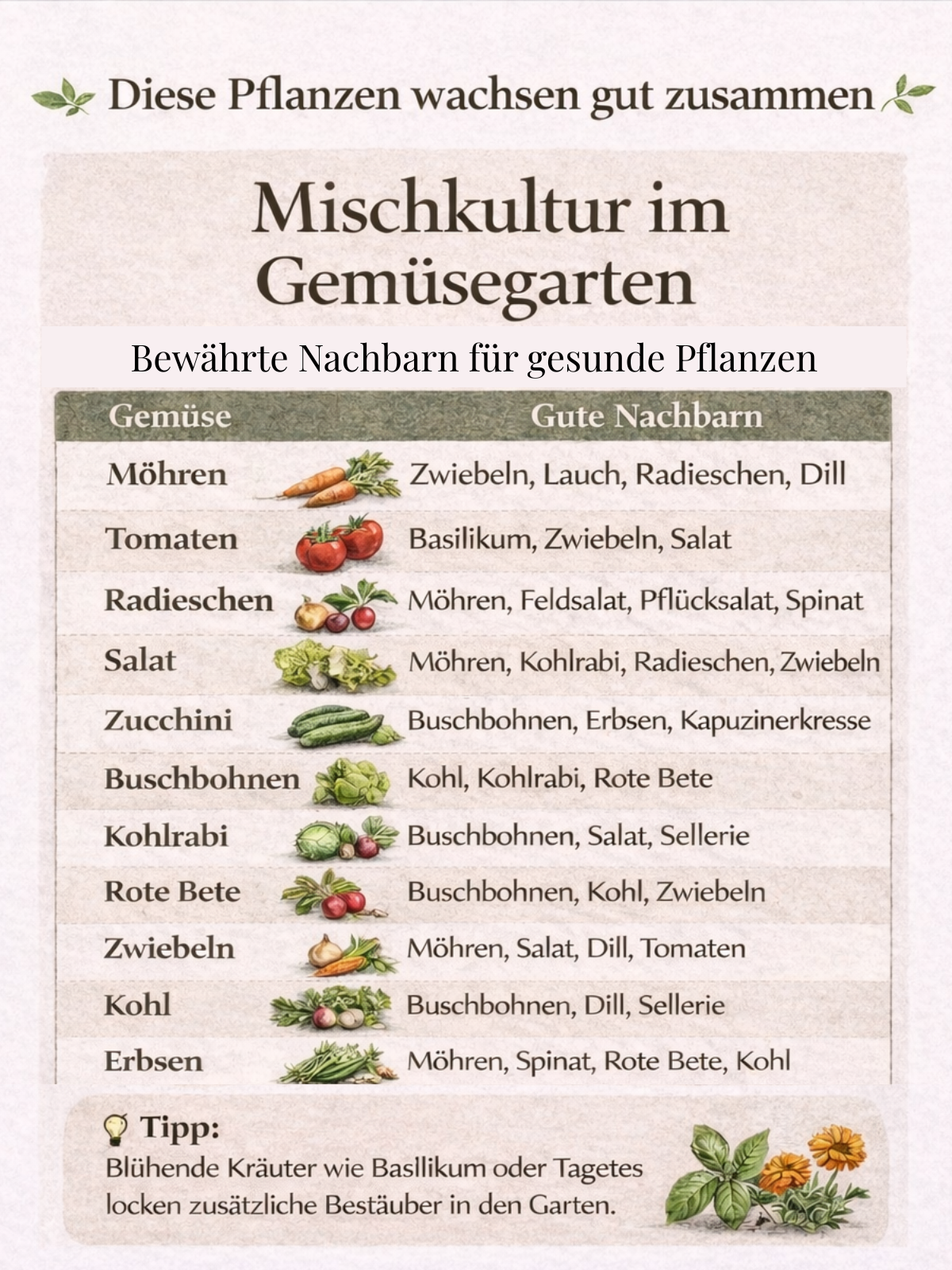 Infografik zur Mischkultur im Gemüsegarten: Tabelle mit guten Nachbarn für Gemüse wie Möhren, Tomaten, Radieschen, Zucchini, Kohl und Erbsen sowie Tipps für gesunde Pflanzen im Gemüsebeet.