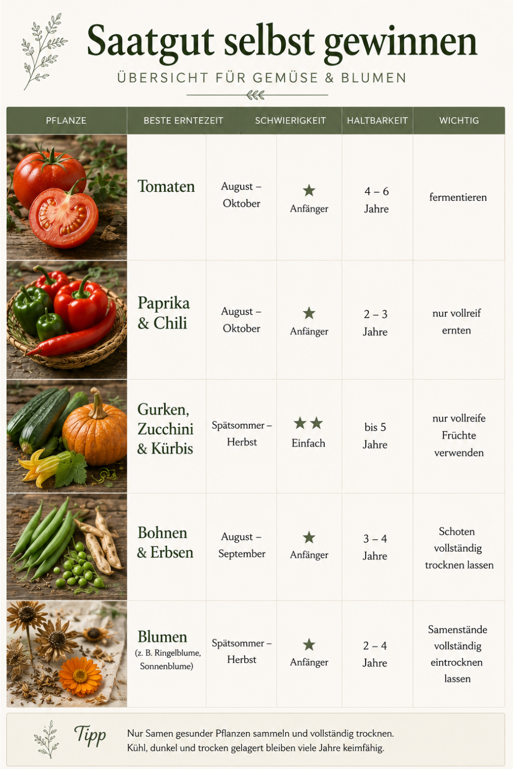 Übersicht zur Samengewinnung im Gemüsegarten mit Tomaten, Paprika, Gurken, Zucchini, Kürbis, Bohnen, Erbsen und Blumen. Die Tabelle zeigt Erntezeit, Schwierigkeitsgrad, Haltbarkeit des Saatguts und den wichtigsten Hinweis für jede Pflanzenart.