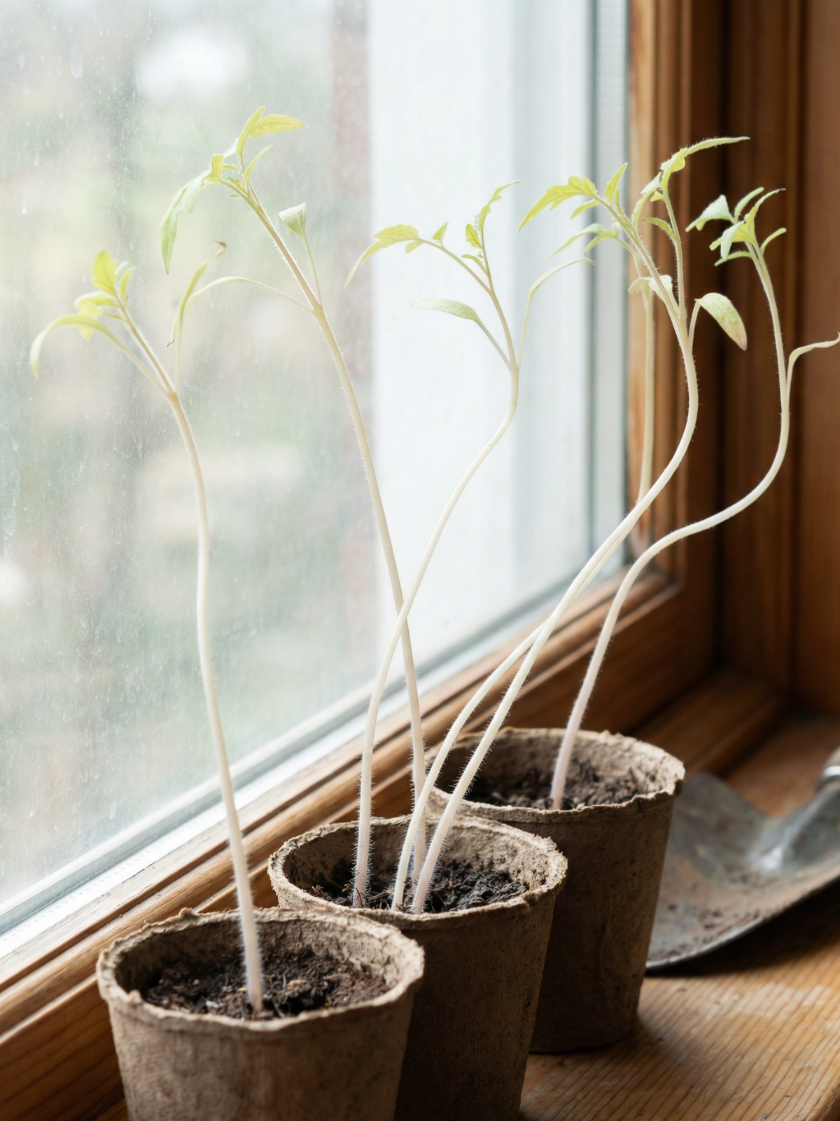 Vergeilte Tomatenpflanzen am Fenster – lange, dünne Triebe durch Lichtmangel