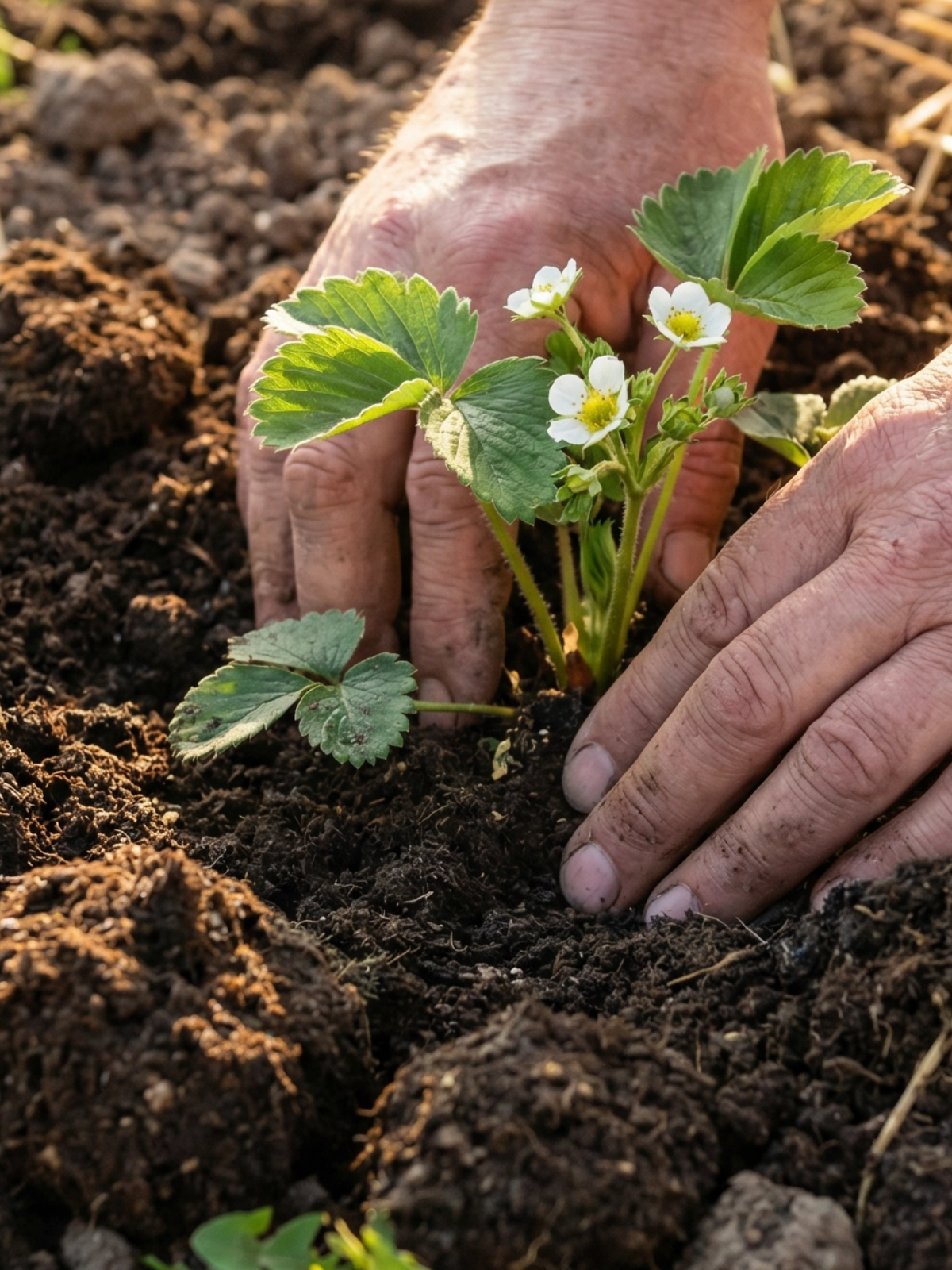 Junge Erdbeerpflanze wird in den Boden gepflanzt. Erdbeeren pflanzen und pflegen.